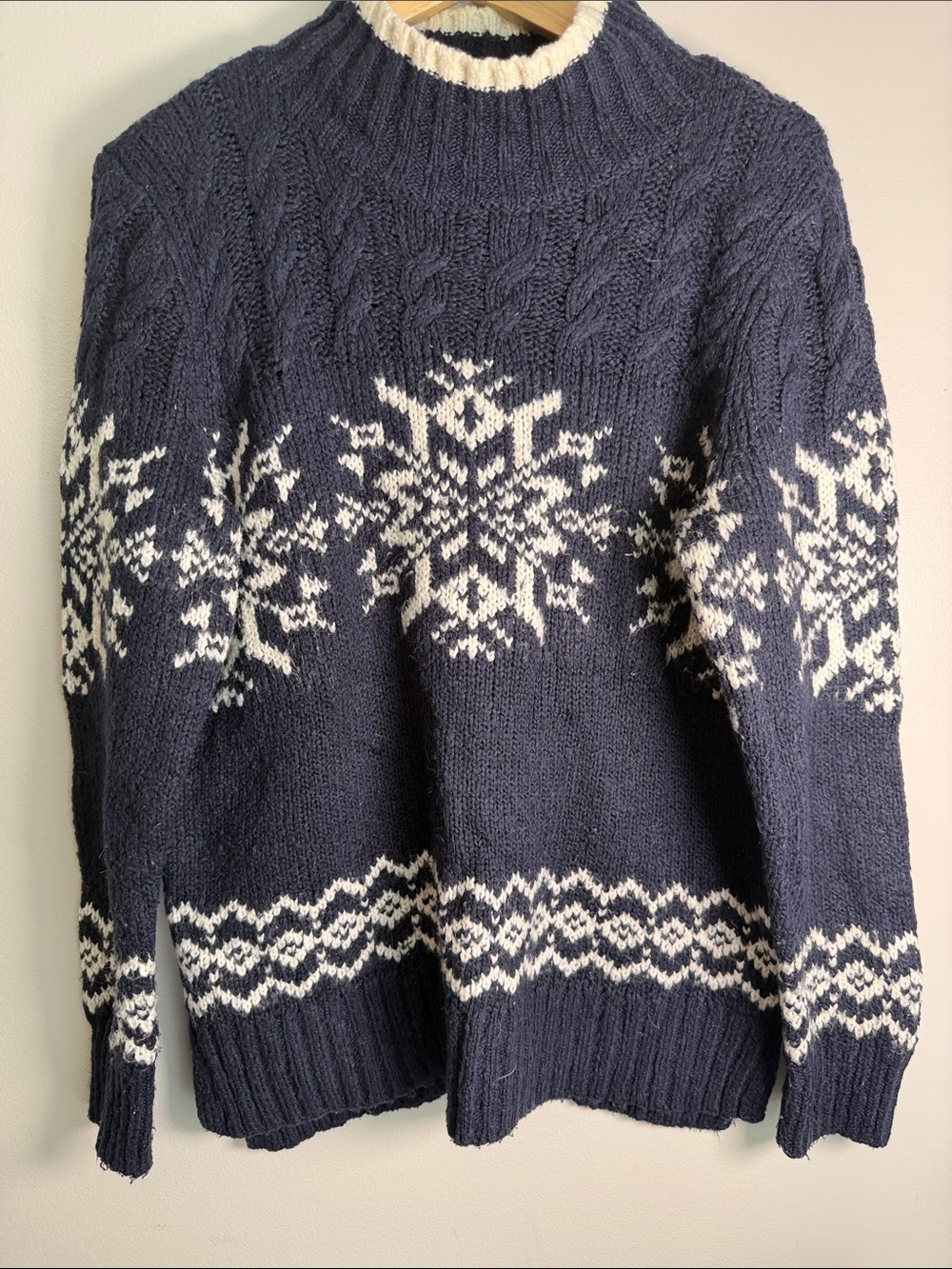 Talbots Navy Blue Snowflake Fair Isle Cable Knit Mock Neck Sweater, Medium